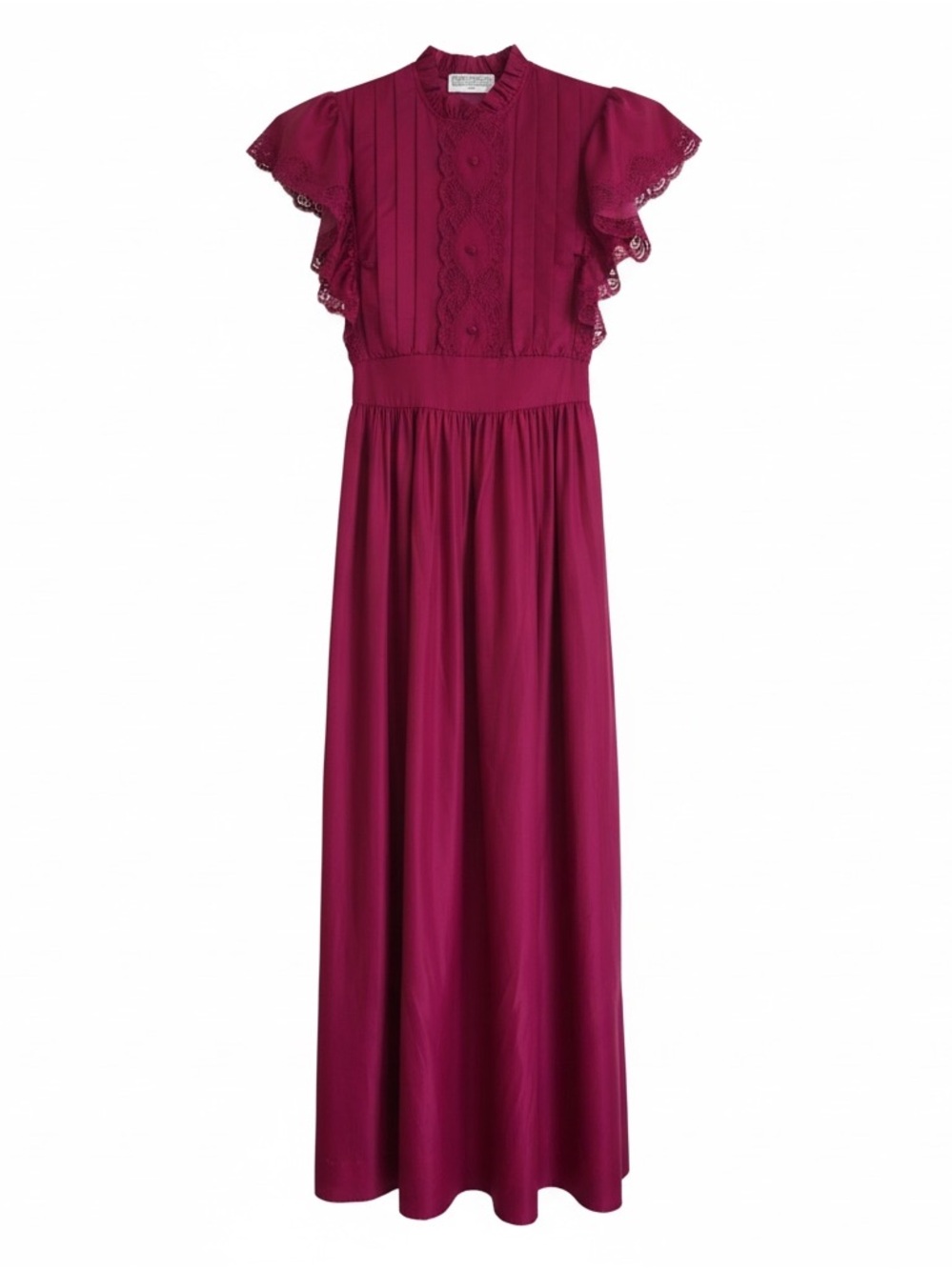 Vintage 1970s LILY OF FRANCE Cranberry Red Ruffle & Lace Sleeve Nightgown Size S